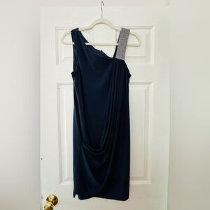 Betsy & Adam One-Shoulder Cocktail Dress with Silver Accent | Blue | Size 10